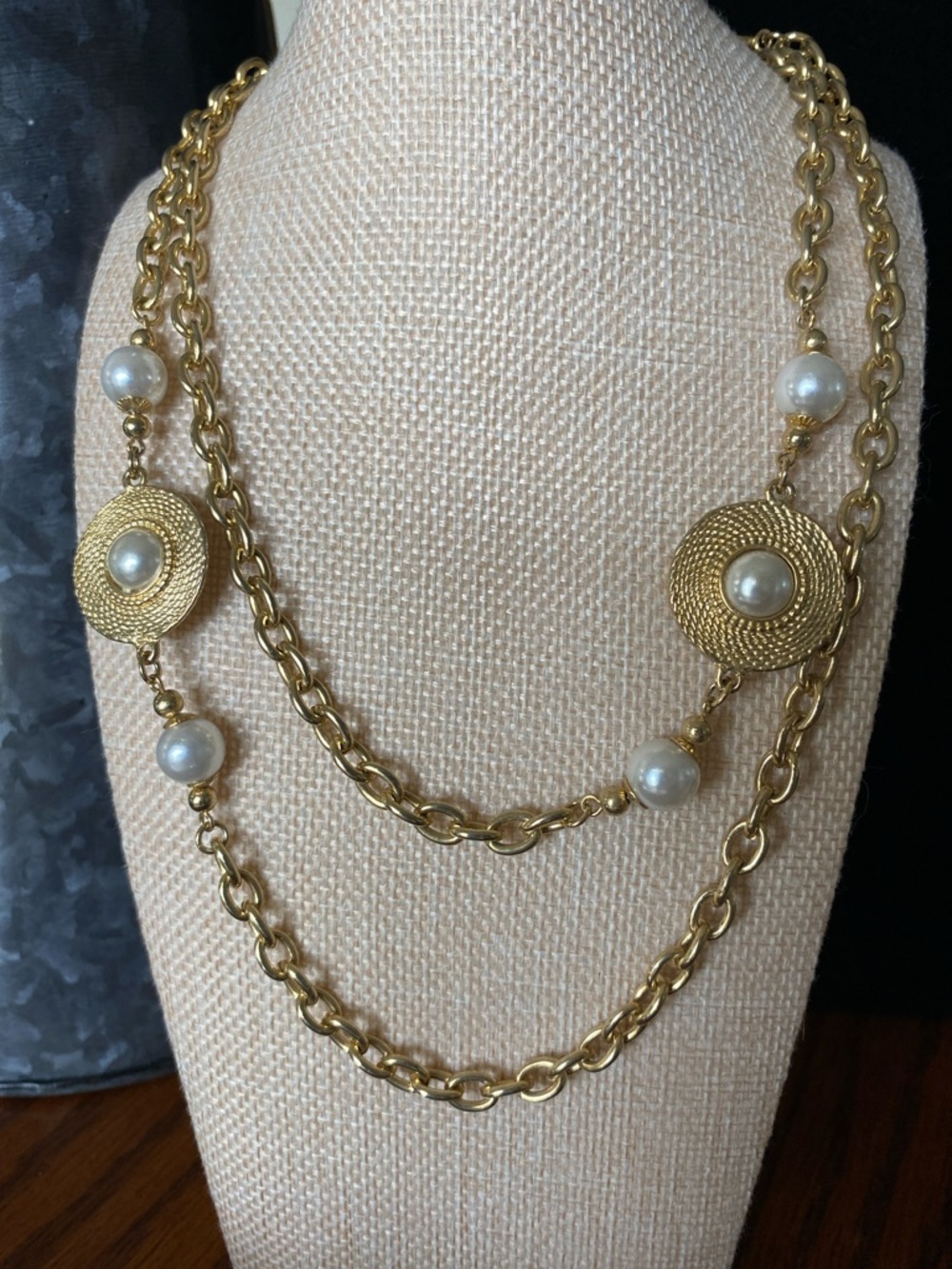 VTG Gold-Tone Pearl Station Long Necklace